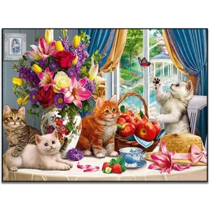 کیت نقاشی باالماس طرح گربه‌ها و گل‌ها