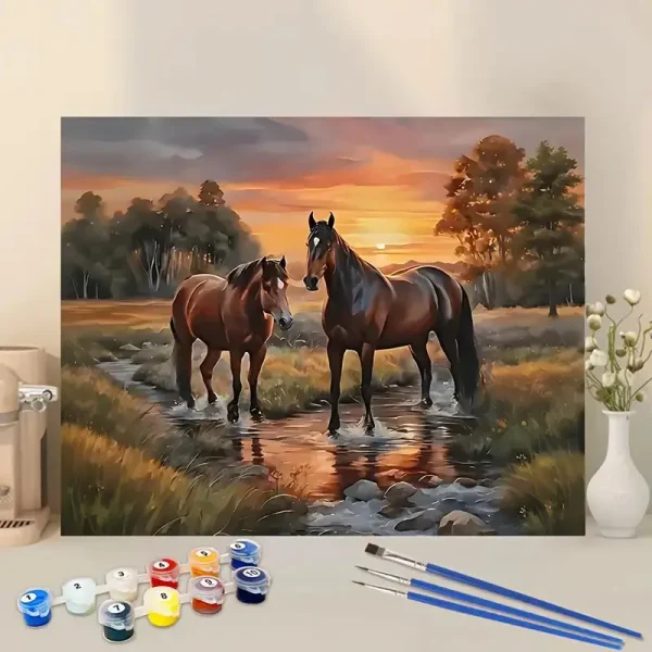 نقاشی با اعداد بزرگسال اسب در دل رود و غروب